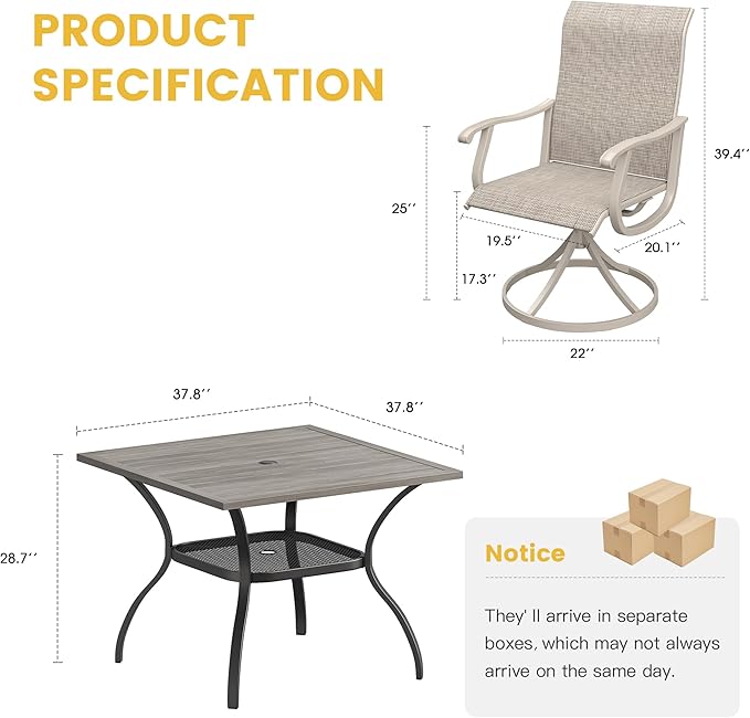 VICLLAX 5 Pieces Patio Dining Set for 4, Outdoor Furniture Set Includes 37.8" Square Outdoor Table and 4 Patio Swivel Chairs for Lawn Garden, Grey Wood Grain Table and Sandshell Fabric