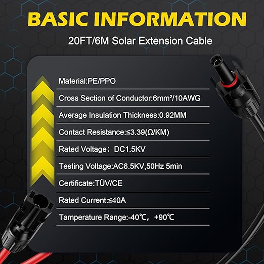 20Ft Solar Cable Solar ExtensionCable,10AWG Solar Panel Extension Cable with Female and Male Connectors,Waterproof Solar ExtensionCable Kit (Red and Black).