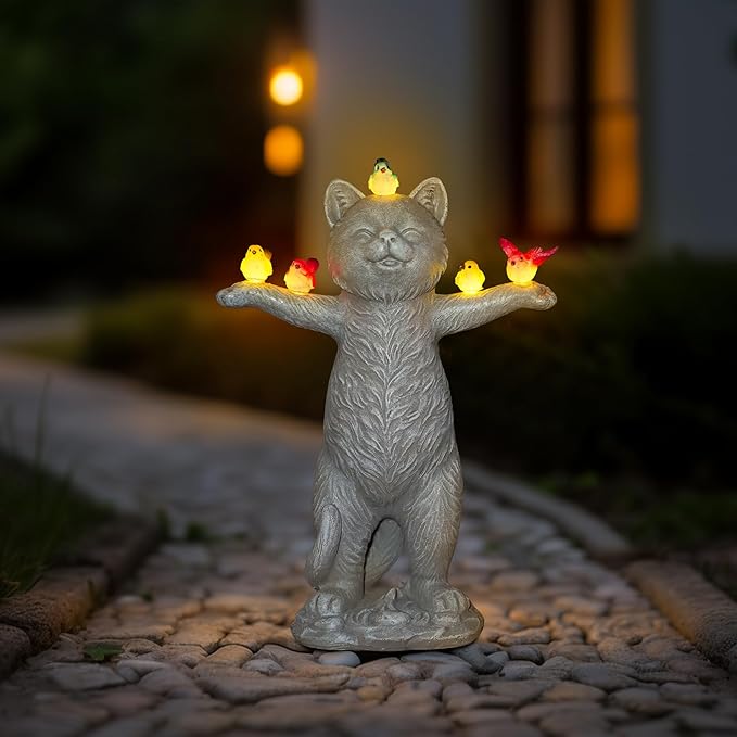 MININOVA Solar Outdoor Decorations Garden Statue Cat Figurines with Birds for Yard Patio Balcony Lawn Outside Ornaments Gifts for Women Mother Kids