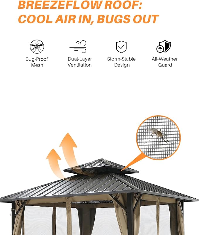 10' x 10' Hardtop Gazebo, Aluminum Frame Outdoor Patio Gazebos with Netting and Curtains, Outdoor Gazebo Canopy, Patio Pergola with Double Steel Roofs for Backyard, Patio, Deck, Sandstone