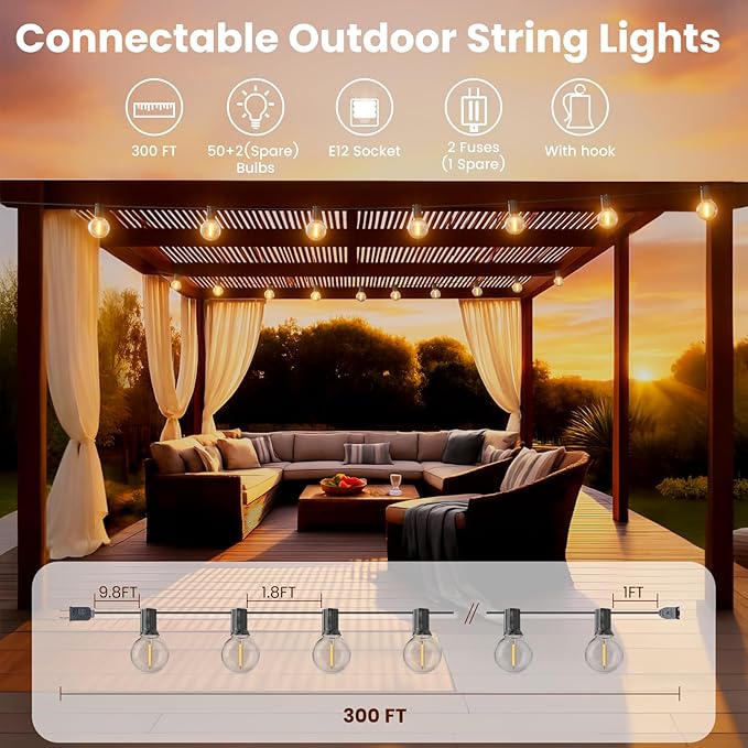 RTTY Outdoor String Lights 300ft, 3 Pack 100ft G40 Led Patio Globe Lights with 52pcs Bulbs,Shatterproof Waterproof Connectable Hanging for Porch Cafe Bistro Backyard Gazebo Balcony Deck Party
