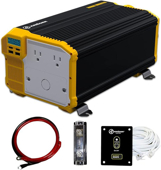 K KRIËGER 3000 Watts Power Inverter 12V to 110V, Modified Sine Wave Car Inverter, Dual 110 Volt Outlets, Hardwire Kit, DC to AC Converter with Installation Kit - ETL Approved Under UL STD 458