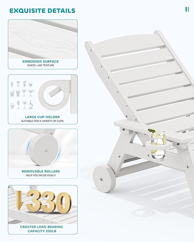 SERWALL Patio Chaise Lounge Chair Set of 6, 5 Positions Adjustable Poly Outdoor Lounge Chair for Pool, HDPE Lounge Chair with Rolling Wheels & Cup Holder for Poolside, Deck, White