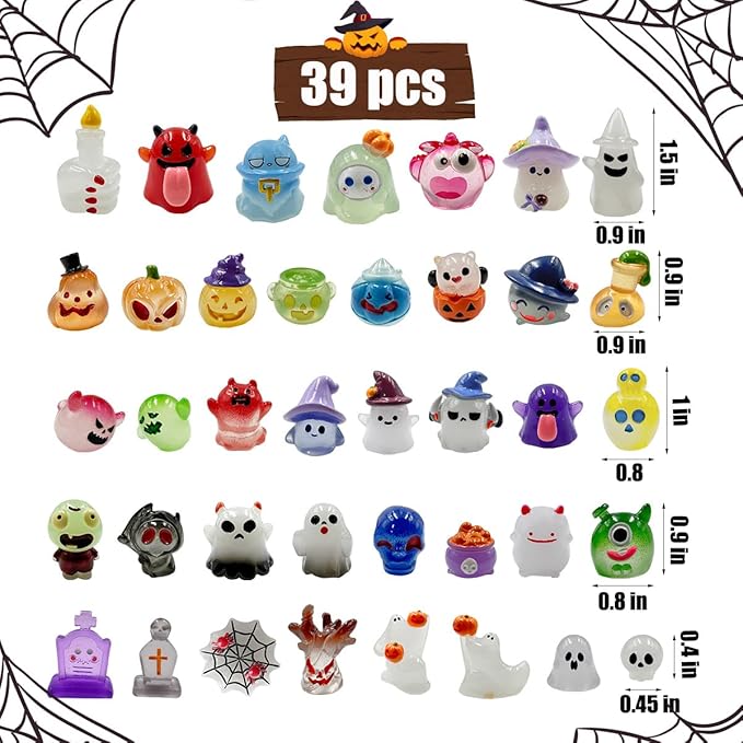 Suartus Halloween Mini Resin Figures 39 Styles Tiny Resin Figurines Kit to Hide Cute Pumpkin Ghost Skull Luminous Miniature Figures Bulk for Halloween Party Favors Outdoor Garden Landscape Decor
