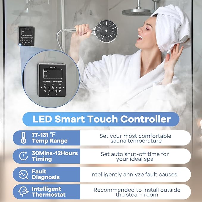 Kooby 4KW Luxury Self-draining Steam Generator Shower Sauna Bath Home Steam Bath Spa Generator with Waterproof Control and Auto Drain 95-131℉ for Max Space Heating 4 m³ (145 ft3)