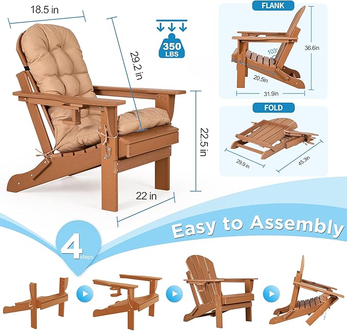 nalone Folding Adirondack Chair with Cushion with Cup Holder, HDPE Plastic Oversized Patio Chair Weather Resistant, Used in Outdoor, Fire Pit, Deck, Garden, Campfire Chairs (Teak)
