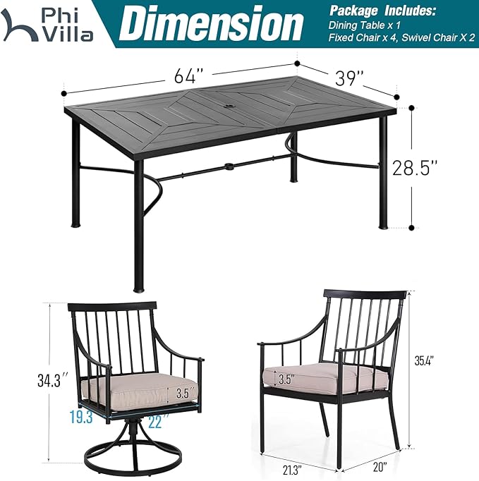 PHI VILLA 7 Pieces Outdoor Dining Set for 6, 64" Metal Steel Dining Table with Umbrella Hole & Cushioned Iron Swivel Chairs for Patio, Yard, Porch, Deck