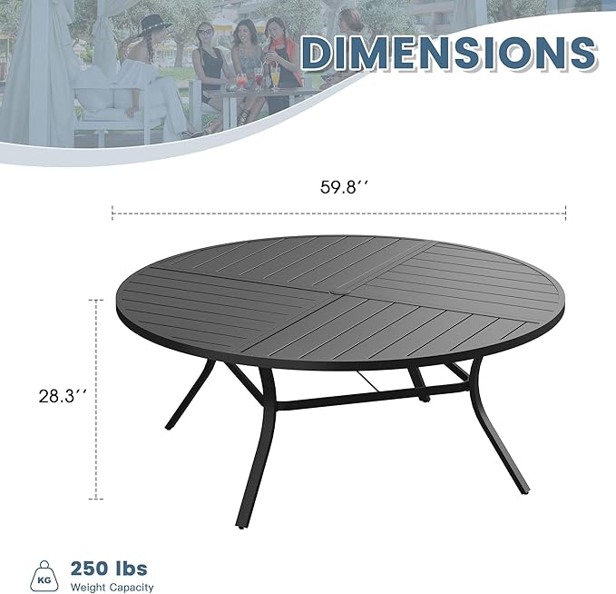 DIFY 59.8" Round Outdoor Patio Dining Table for 8-10, All-Weather Metal Steel Slatted Patio Table with 1.57" Adjustable Umbrella Hole, for Lawn Garden Porch Backyard, Black