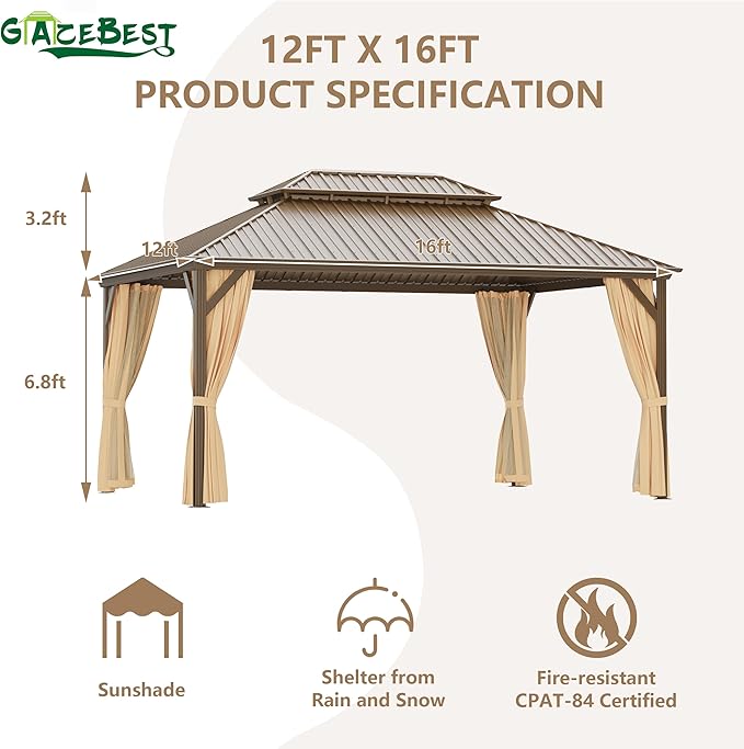 12'x16' Hardtop Gazebo Outdoor Aluminum Gazebo Double Roof Galvanized Steel Canopy with Netting and Curtains,for Garden, Backyard,Deck and Lawns