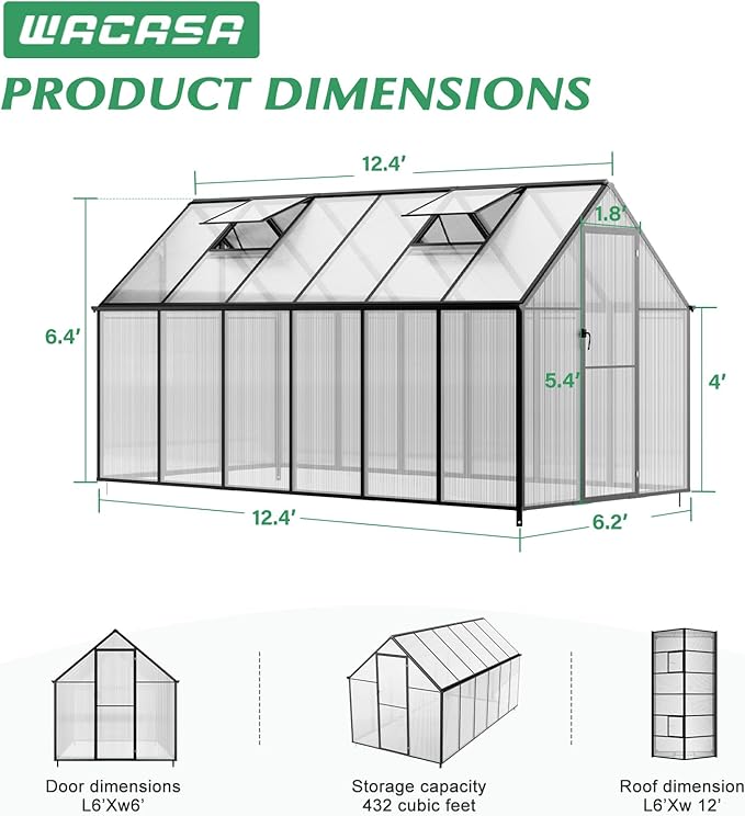 6'x12' Snap-Together Greenhouse - Easy 3-Way Connectors, Heavy-Duty Aluminum Frame, Wind/Snow Resistant for Gardening/Urban Farming, Includes Sliding Door and Ventilation Windows
