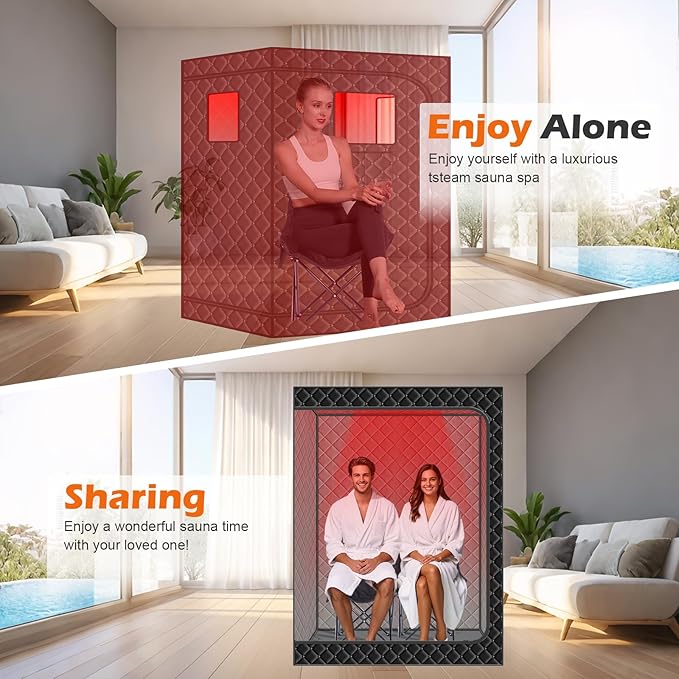 Smartmak 2 Person Portable Sauna Box with Infrared 660nm Red Light Therapy Lamp for Home Relaxation, Large Full Body Sauna Tent, 185°F1500W High Power Hot Air Heating Saunas Spa Pod, 2 Folding Chairs