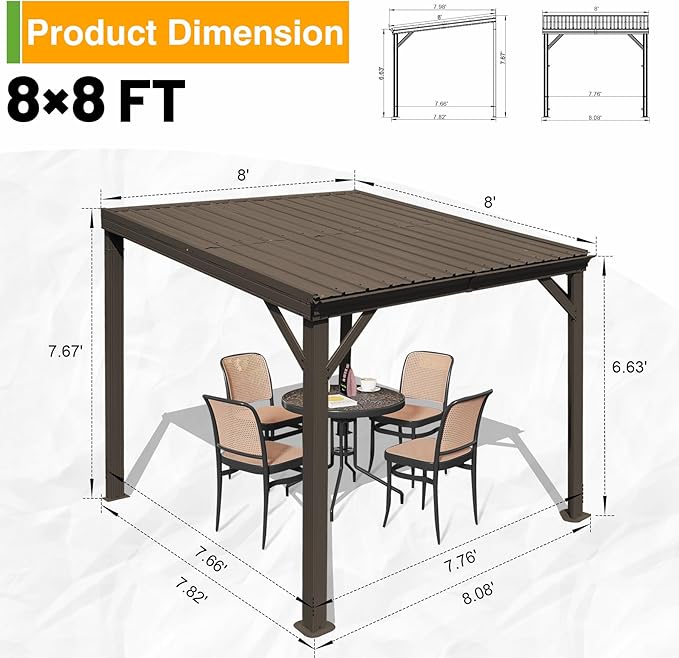 8x8FT Lean to Gazebo, Outdoor Hardtop Wall Mounted Gazebo with Gutter & Sloping Galvanized Steel Roof, Metal Hard Top Awnings for Deck, Porch, Backyard- Brown