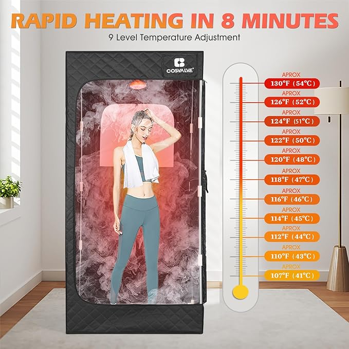 COSVALVE Portable Steam Sauna Box with Red Light for Home with 1200W 3L Steamer, Comfort Folding Chair, Indoor at Home Sauna Tent, Personal Steam Room for Relaxation, 2.6' x 2.6' x 5.9', Black