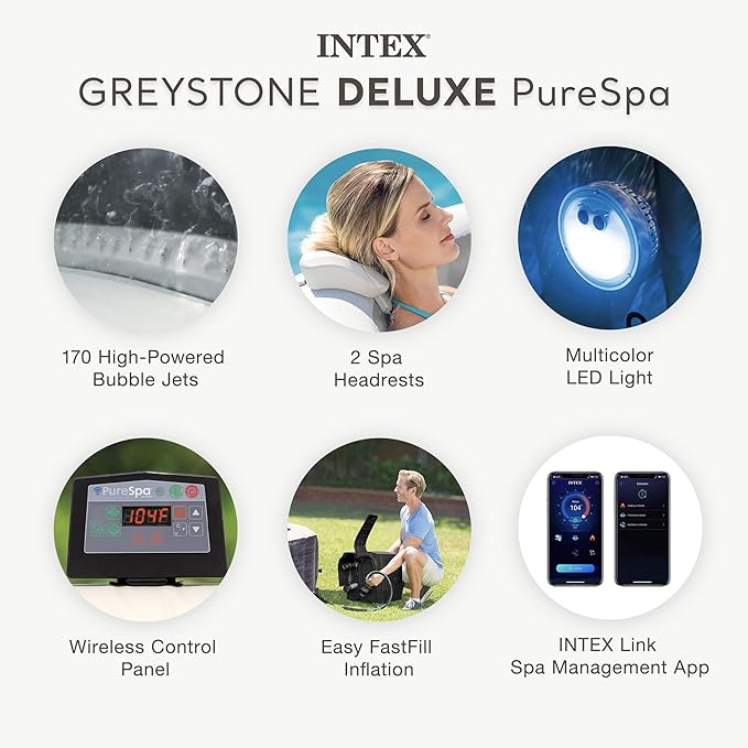Intex PureSpa Plus Greystone Square Hot Tub 6 Person Inflatable 94" Outdoor Relaxing 170 AirJet Spa Bundled with 4 PureSpa Cushioned Headrest Pillows