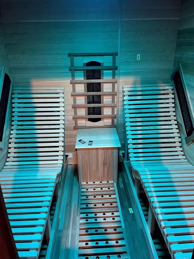 ZONEMEL Infrared 2 Person Wooden Sauna Room with Recliner, Canadian Hemlock Luxury Indoor Sauna with 10 Heaters, Oxygen Bar, 3400 Watt,Full Spectrum Infrared Therapy Wood Dry Heat Sauna, 220V