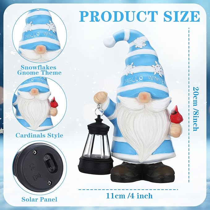 Tuanse 8" Hello Winter Christmas Gnome Decorations for Outdoor Resin Garden Gnome Holding Lantern with Solar Lights and Cardinals Snowflakes Figurine for Porch Christmas Outdoor Patio House Decoration