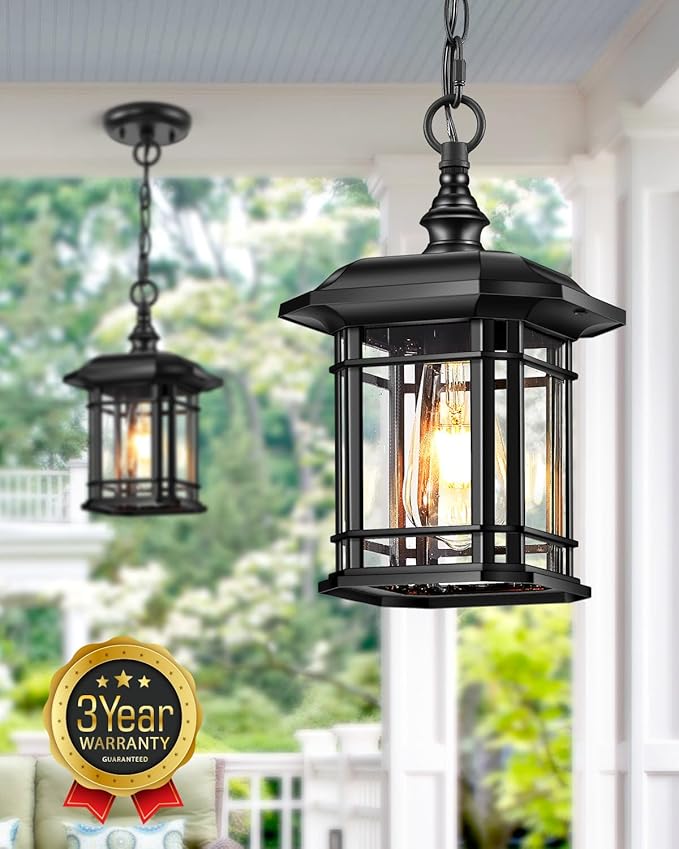 VIANIS Outdoor Pendant Lights for Porch, Black Exterior Hanging Lanterns Outdoor, Aluminum Farmhouse Ceiling Light Fixture, Waterproof Tempered Seed Glass Chandelier for Gazebo
