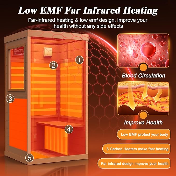 Upgraded 1 Person Sauna Infrared Sauna with Backrest, Hemlock Dry Sauna Indoor Wood Sauna for Home, 1062W 110V Red Light Far Infrared Sauna Low EMF with Integrated Speakers, Reading Lamp (Red)