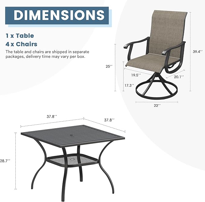 DIFY 5 Pieces Outdoor Patio Dining Set for 4, 37.8" Black Metal Square Dining Table and 4 Brown Textilene Patio Swivel Chairs, Outdoor Table and Chairs