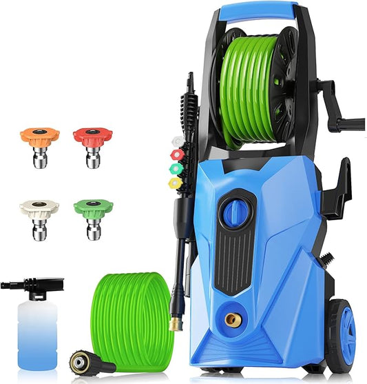 5000PSI Electric Pressure Washer, 2025 New Power Washer with 33FT Flexible Extension Pressure Washer Hose Reel, 4 Nozzles, Professional Power Washers for Home/Car(Blue)