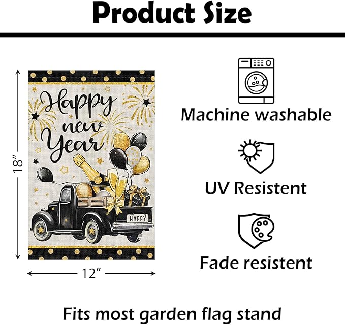Heyfibro Happy New Year Truck Garden Flag 12x18 Inch Double Sided Black Gold Champagne Balloon Garden Flag Decorative Firework Yard Flags for Outside House Farmhouse Holiday Outdoor Decoration