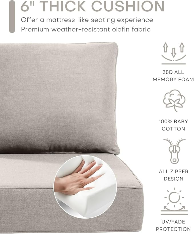 Luxury 24x24x6 Inch Patio Couch Cushions Set of 3 - Memory Foam Deep Seat Water-Resistant Patio Cushion for Lawn Dining Rocking Swivel Chairs Loveseat 3-Seater Sectional Sofa - Beige