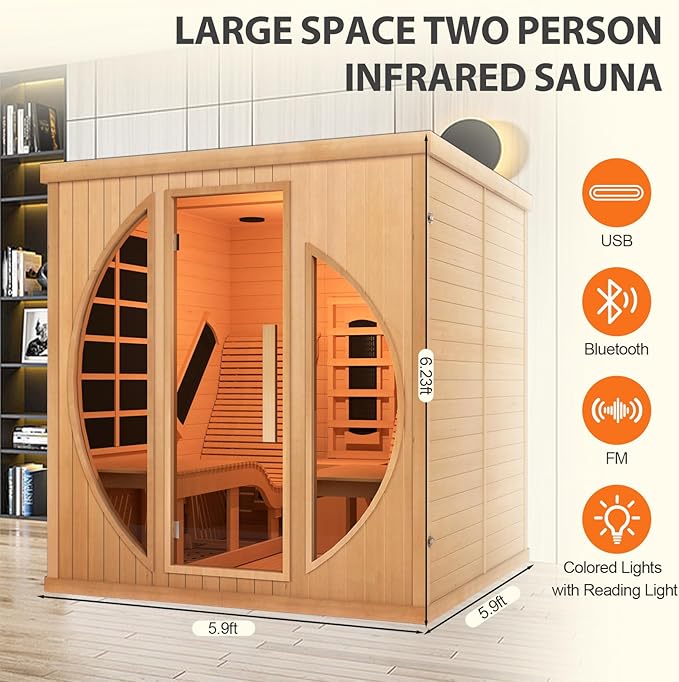 Smartmak Full Spectrum Infrared 2 Person Sauna Room for Home, Red Light Therapy Luxury Recliner Wood Indoor Saunas, Canadian Hemlock Dry Spa Room, 3400W with 10 Heaters, Speakers, Lights, Oxygen Bar