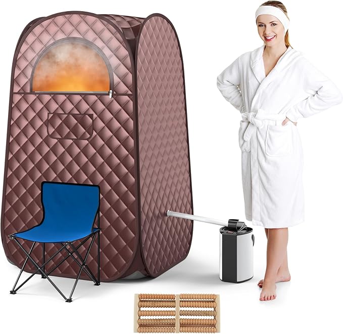 COSTWAY Portable Steam Sauna, Full-Body Personal Sauna Tent w/ 3L Steam Generator, Foldable Chair, Foot Massager, Timer, Remote Control, Indoor Pop-up Sauna Tent for Home Spa Relaxation (Coffee)