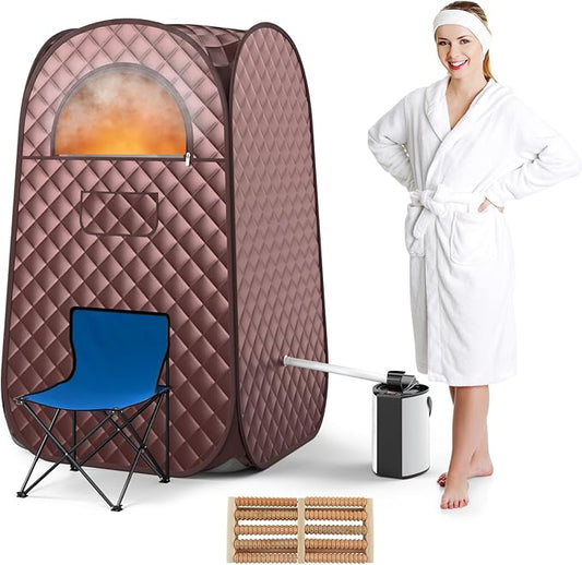COSTWAY Portable Steam Sauna, Full-Body Personal Sauna Tent w/ 3L Steam Generator, Foldable Chair, Foot Massager, Timer, Remote Control, Indoor Pop-up Sauna Tent for Home Spa Relaxation (Coffee)