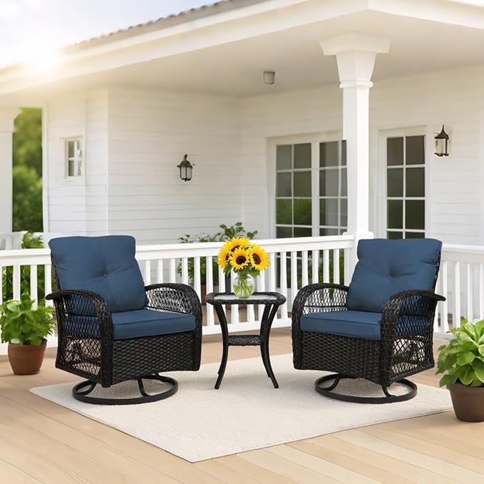 Patio Furniture Set Swivel Rocker, Outdoor Patio Chairs, 3 Piece Suit Porch Furniture Rocking Set, Backyard and Garden Rocker Rattan Chair, with Thickened Cushions and Glass Coffee Table(Navy)