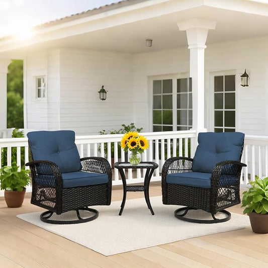 Patio Furniture Set Swivel Rocker, Outdoor Patio Chairs, 3 Piece Suit Porch Furniture Rocking Set, Backyard and Garden Rocker Rattan Chair, with Thickened Cushions and Glass Coffee Table(Navy)