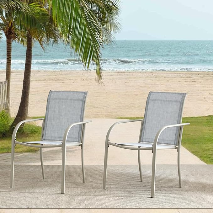 Outdoor Dining Chairs Set of 2, Stackable Patio Chairs with Textilene Fabric, Lightweight Garden Chairs for Poolside, Backyard, Camping, Beige