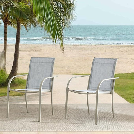 Outdoor Dining Chairs Set of 2, Stackable Patio Chairs with Textilene Fabric, Lightweight Garden Chairs for Poolside, Backyard, Camping, Beige