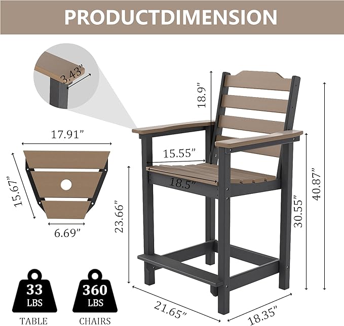 OTSUN Tall Adirondack Chairs Set of 4 with Connecting Tray, 24 inches HDPE Bar Height Outdoor Chairs, All Weather Resistant for Balcony, Porch, Kitchen (4 PCS, Black&Brown)