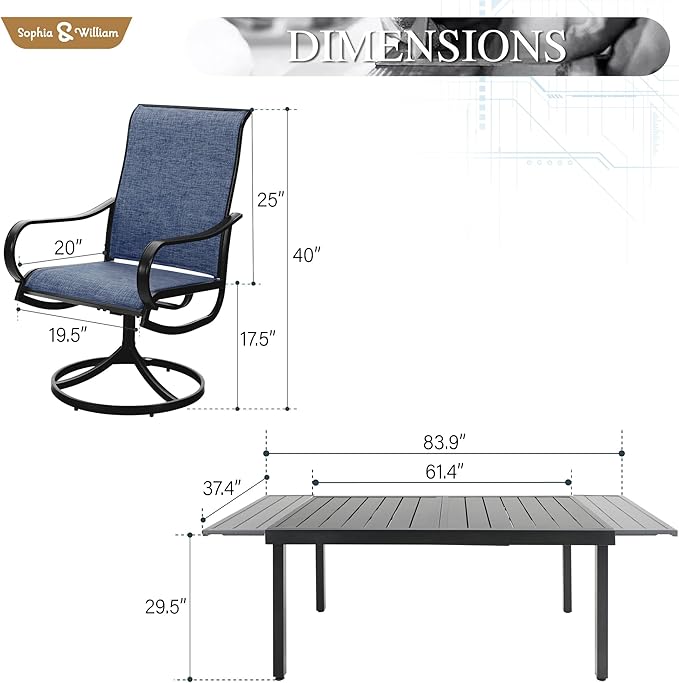 Sophia & William Outdoor Dining Set Patio Dining Sets Patio Table and Chairs Set 9 Pieces Outdoor Dining Table for 8 with Swivel Patio Chairs Patio Set for Garden Pool All Weather Blue