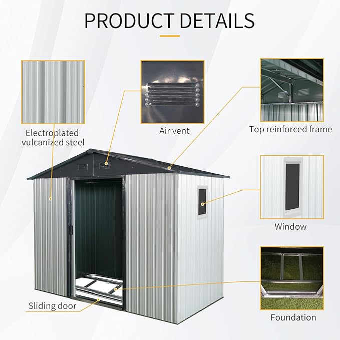8x4 ft Outdoor Metal Storage Shed with Floor Foundation and Window, Lockable Galvanized Steel Tool Shed with Sliding Door and Air Vent, Waterproof Garden Storage House for Backyard, Patio