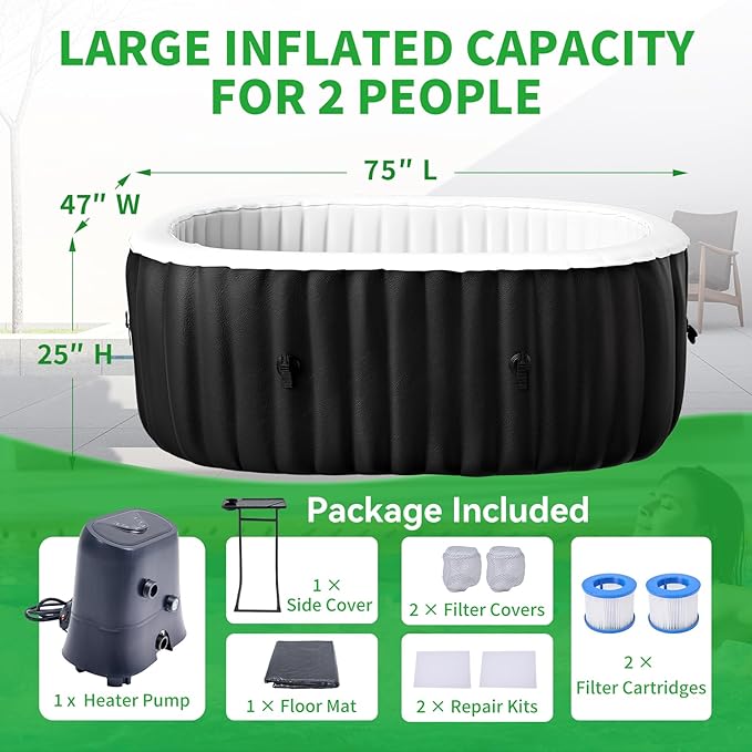 Inflatable Hot Tub with Side Table, 2 Person Oval Blow Up Portable Hot Tub, Leak-Proof PVC Outdoor Spa with 100 Strong Bubble Jets, Heater Pump and Insulated Cover, 75” X 47”X 25”