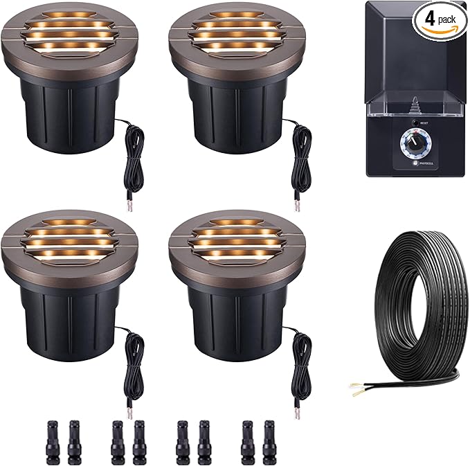 Landscape Well Lights Kit, 4 Pack LED Low Voltage Ground Lights and 100W Transformer and 100FT Cable and 20 Wire Connectors, 12V IP67 Waterproof Aluminum for Sidewalk Driveway Path
