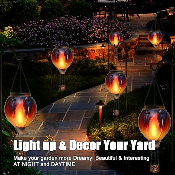 Hot Air Balloon Solar Lantern - Simulated Flickering & Dancing Flame Glass Lantern , Outdoor Hanging Yard Light Waterproof IP65 for Garden Patio Lawn Porch Decor Gift