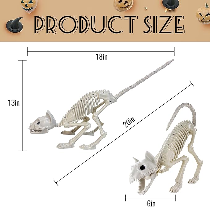 GIFTEXPRESS 2 Pack Real Size Cat Skeleton - 20" Long Creepy Kitten Skeletons with Posable Tail Halloween Decor - Indoor & Outdoor Haunted House Scary Animal Party Decoration