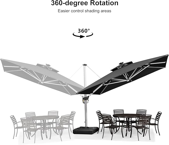 PURPLE LEAF 11 Feet Solar Powered LED Square Cantilever Umbrella With Base Patio Umbrellas Windproof Hanging Umbrella Outdoor Offset Umbrellas, Black