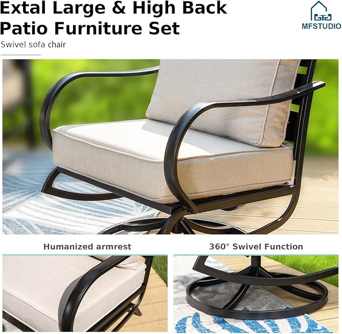 MFSTUDIO 6 Pieces Metal Patio Furniture Sets, 2 Swivel Chairs, 3-Seat Loveseat Sofa, 2 Patio Chairs & 1 Marbling Coffee Table, All Weather 7 Seats Outdoor Conversation Set for Garden Backyard, Beige