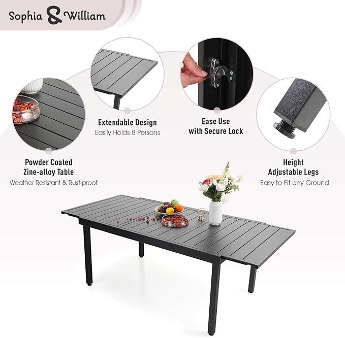 Sophia & William 7 Pieces Patio Dining Set with 6 Metal Chairs and Expandable Rectangular Dining Table for 6-8 People, Outdoor Conversation Furniture Set with Seat Cushions for Porch Yard Deck