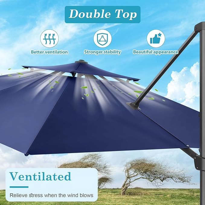 HOTIME10x10ft Patio Umbrella Cantilever Umbrella Double Top - Upgrade and Intensify - 360 Rotation and 5 Angles Adjustment - Aluminum Offset Pool Umbrella Outdoor Umbrellas for Patio Garden Deck Pool