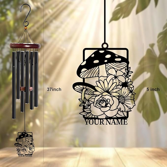 Personalized Customize Name Fantasy Mushroom Wonderland Wind Chime, Metal Iron 37 Inch Outdoor Memorial Gift for Garden Yard Patio Home Decor, Black (Style H)