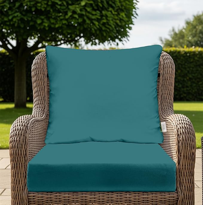 RSH DECOR: Deep Seating Cushion with Pillow Back | 24” x 27” Seat | All-Weather Spun Fabric | Water and Fade-Resistant | Outdoor Chair Cushion Set for Patio Furniture | Peacock