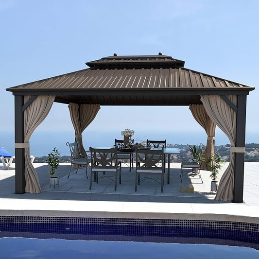 YOLENY 10'x13' Hardtop Gazebo with Galvanized Steel Double Roof, Pergolas Aluminum Frame, Netting and Curtains Included, Metal Outdoor Gazebos for Garden, Patios, Lawns, Parties
