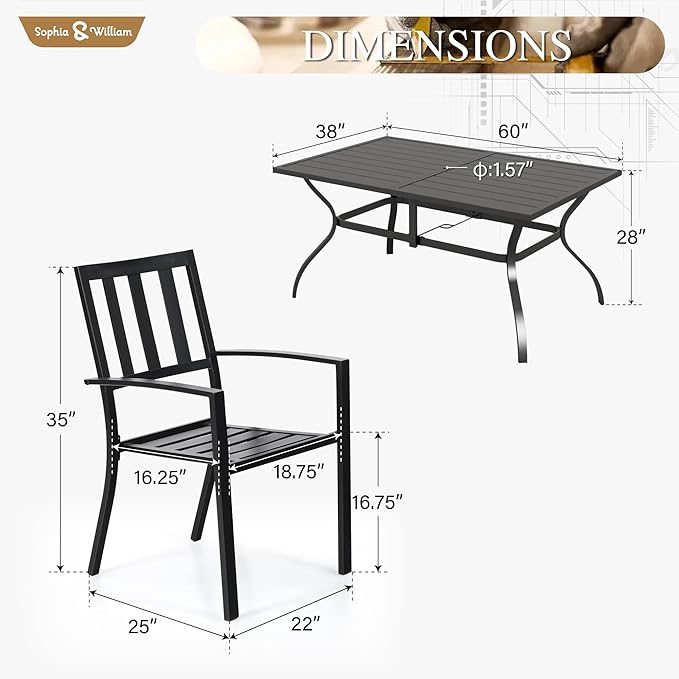 Sophia & William 7-Piece Patio Dining Set for 6, 60.2" Metal Outdoor Table with Umbrella Hole & 6 Stackable Chairs, Heavy-Duty 300LB Capacity - Black - Garden Furniture for Deck, Lawn, Backyard