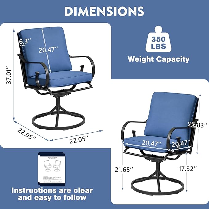 MELLCOM Patio Swivel Chair Set of 6, Heavy Duty Outdoor Dining Chairs with Thickened Cushions, Metal Patio Chairs Gentle Rocker for Outside, Blue