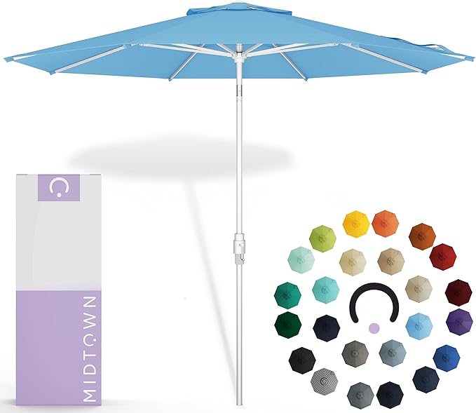 Midtown Umbrellas The Swilt 10 Feet Patio Umbrella in Sunbrella Capri Acrylic Fabric - Fiberglass Ribs, Auto-Tilt Aluminum Frame For Backyard, Deck, Garden, Pool - White Pole